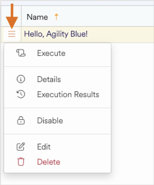 Menu options including Execute, Details, and Delete for user interaction.